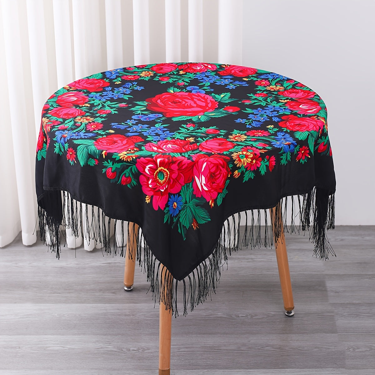 Tablecloth Square 53-Inch Floral Cover with Tassel Trim, Polyester Fabric and Six Color Options