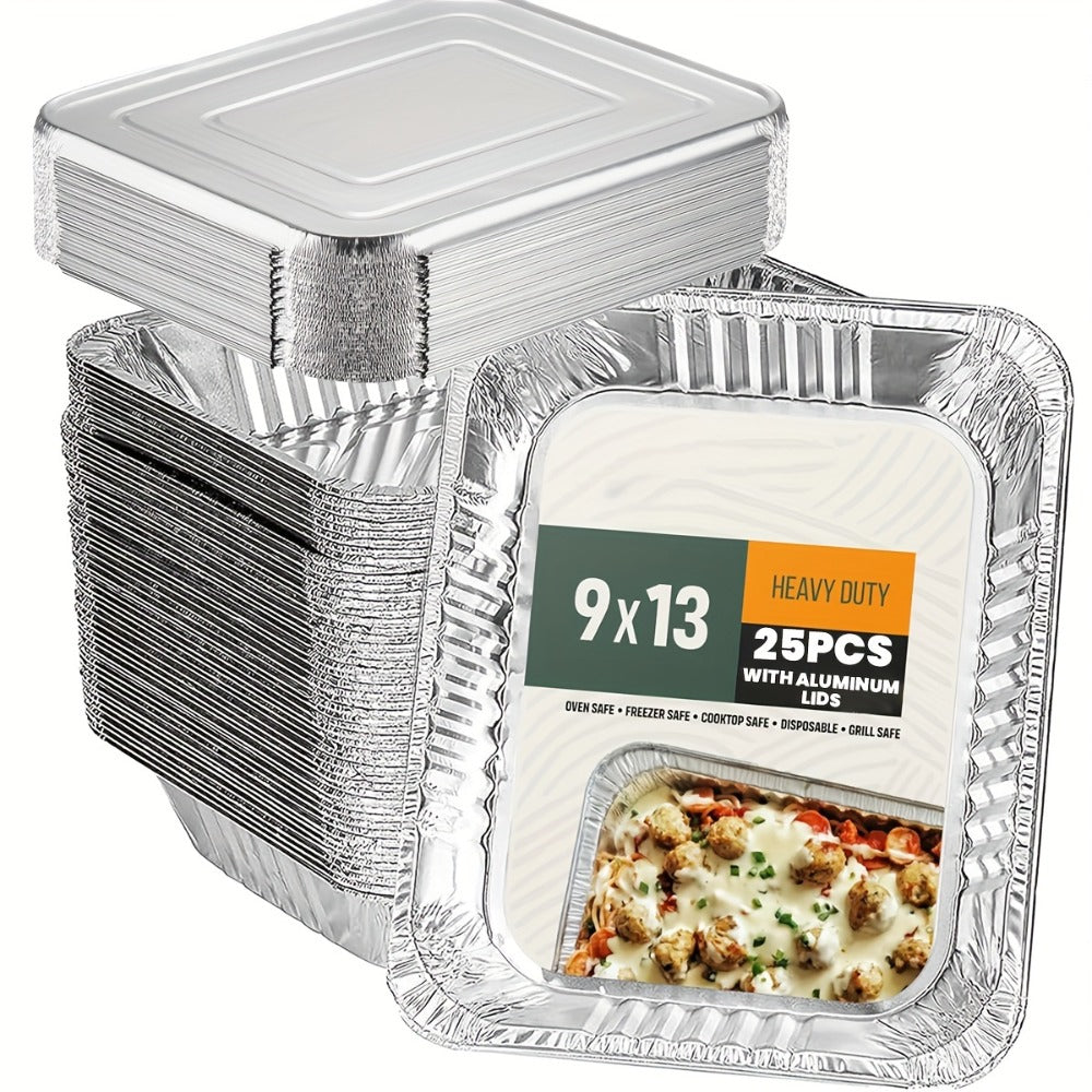 Disposable Aluminum Pans with Lids 25 Pack – 9x13 Half Size Heavy-Duty Foil Baking Trays for Roasting, Reheating & Cooking – Oven & Steam Table Safe, Chafing Dish Pans for Home & Commercial Use