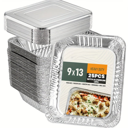 Disposable Aluminum Pans with Lids 25 Pack – 9x13 Half Size Heavy-Duty Foil Baking Trays for Roasting, Reheating & Cooking – Oven & Steam Table Safe, Chafing Dish Pans for Home & Commercial Use