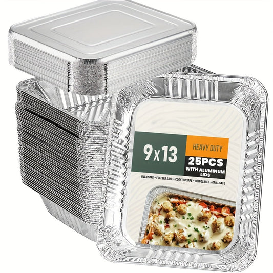 Disposable Aluminum Pans with Lids 25 Pack, 9x13 Half Size Foil Baking Trays for Roasting, Reheating & Cooking
