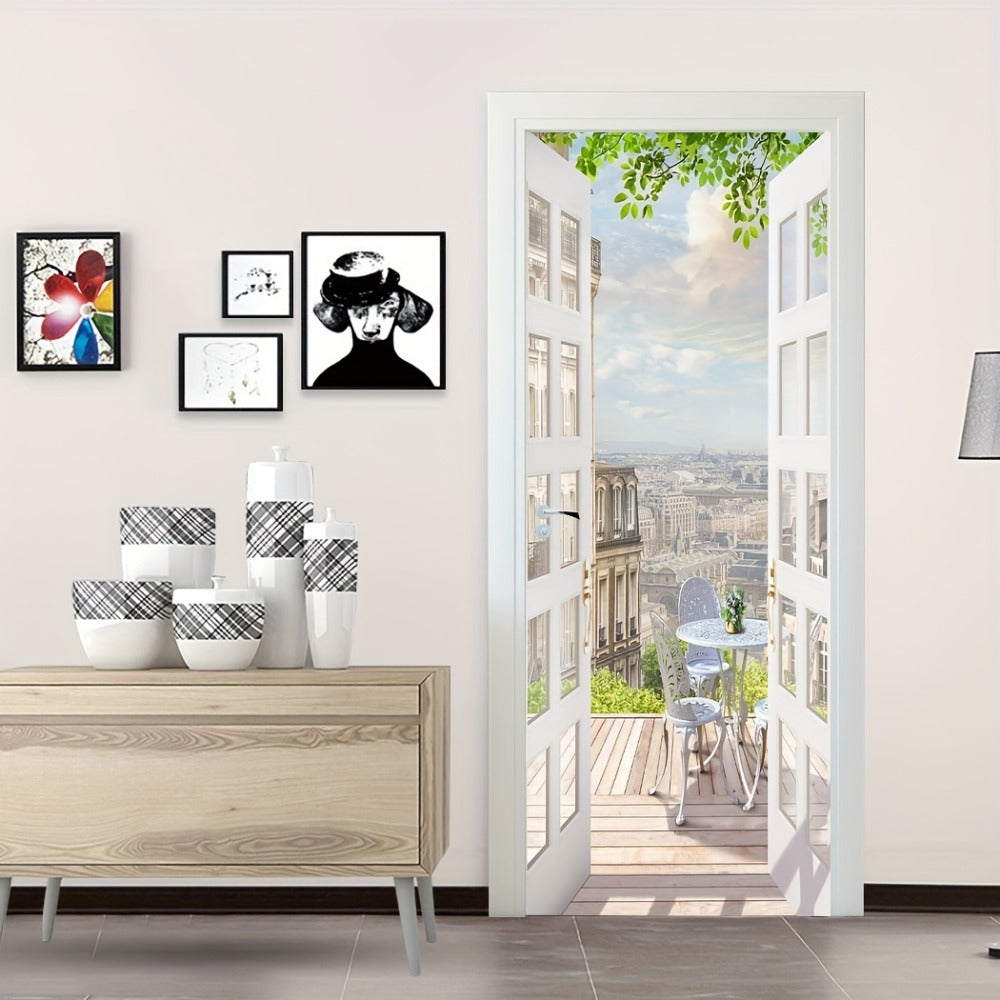 Balcony-View Door Mural Panel Set with Two 17.7-Inch Sheets and 35.43 x 78.74-Inch Final Scene