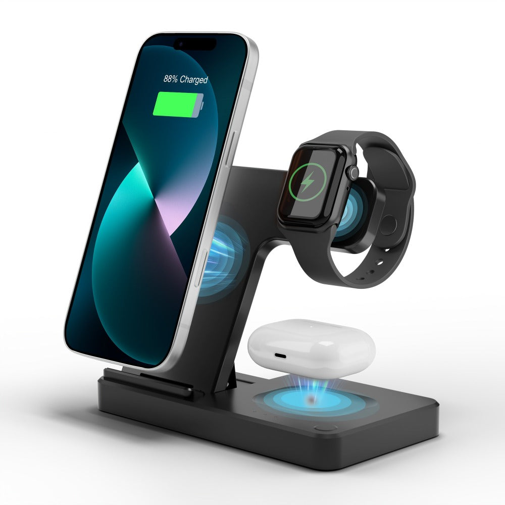 3-in-1 MagSafe Wireless Charger Foldable Travel Charging Station 15W Fast Charge – LED Indicator, Anti-Slip Stand for iPhone 17/16/15/14/13/12, Apple Watch Ultra/Series 10/9/SE & AirPods Pro | Jet Black & White