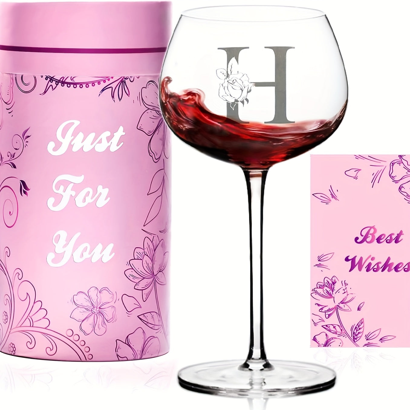 Initial Wine Glass Gift Set with 18 Checkout Letters, 14-Ounce Bowl, Presentation Box and Card