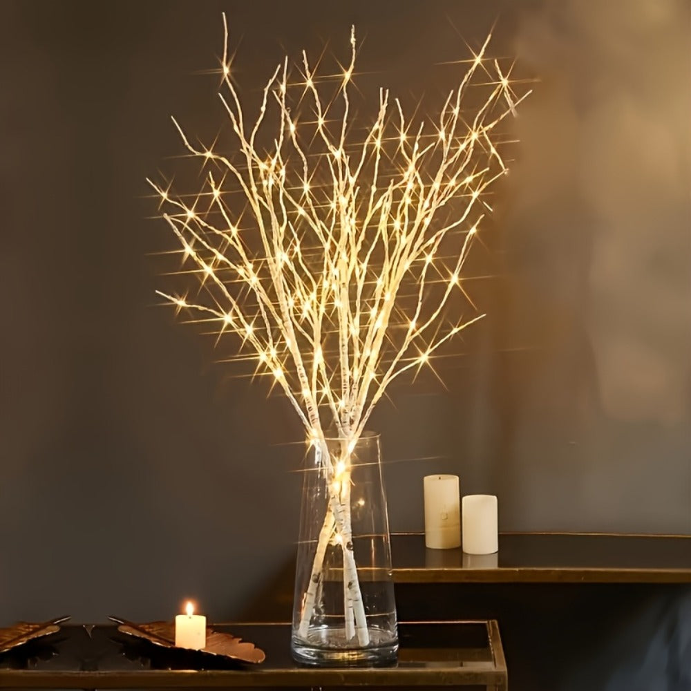 Birch Branch Lights Set of 2, Artificial Luminous Birch Tree Branches with Green Leaves & LED Fairy Lights — Battery Powered Indoor Decor for Christmas, New Year, Home & Reading Nook