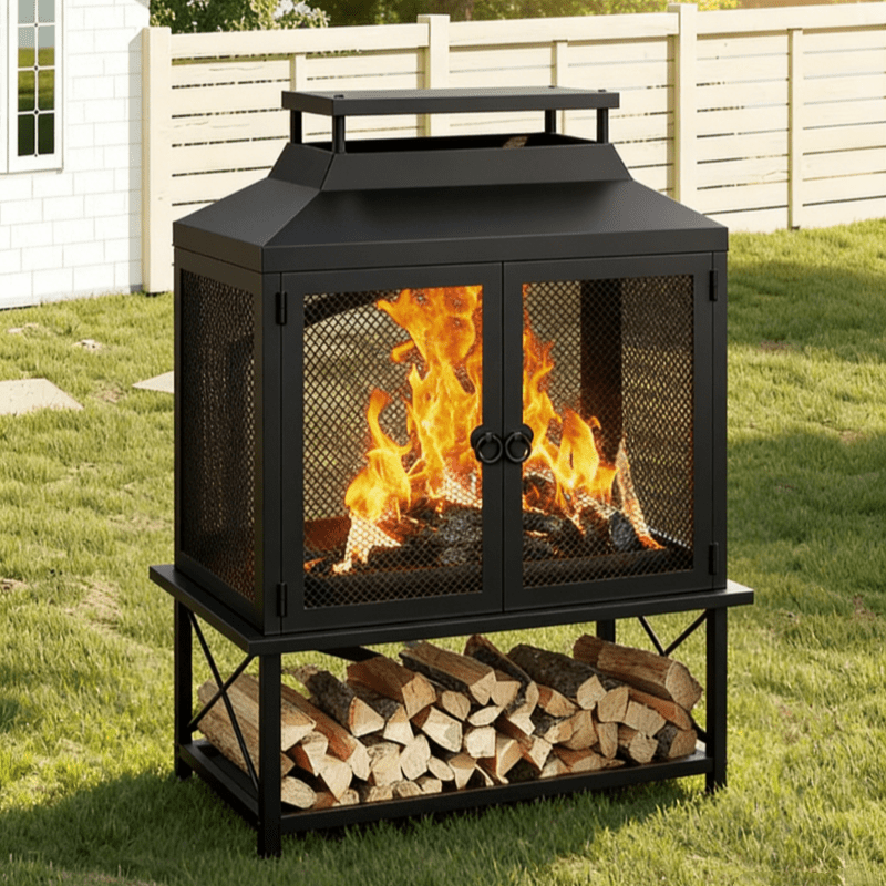 Outdoor Fireplace 39 Inch Rectangular Wood Burning Fire Pit with Grill, Spark Screen & Poker, Large Metal Patio Fireplace with Wood Storage for Garden Deck Backyard, Black