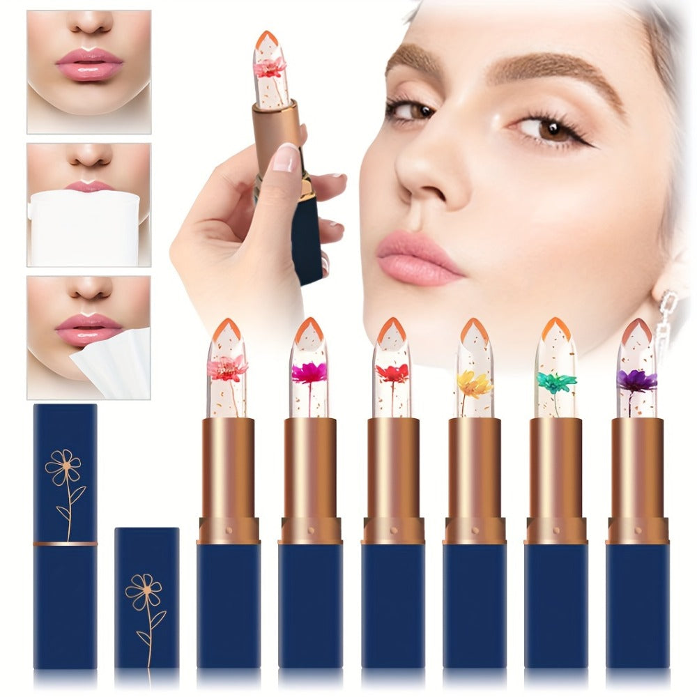 Flower Shaped pH Lip Balm Set 6pcs Individually Wrapped — Color Changing Transparent to Pink Tint, 6 Flavors Deep Moisturizing, Cute Floral Design Beauty Gift for Women Girls & Teens