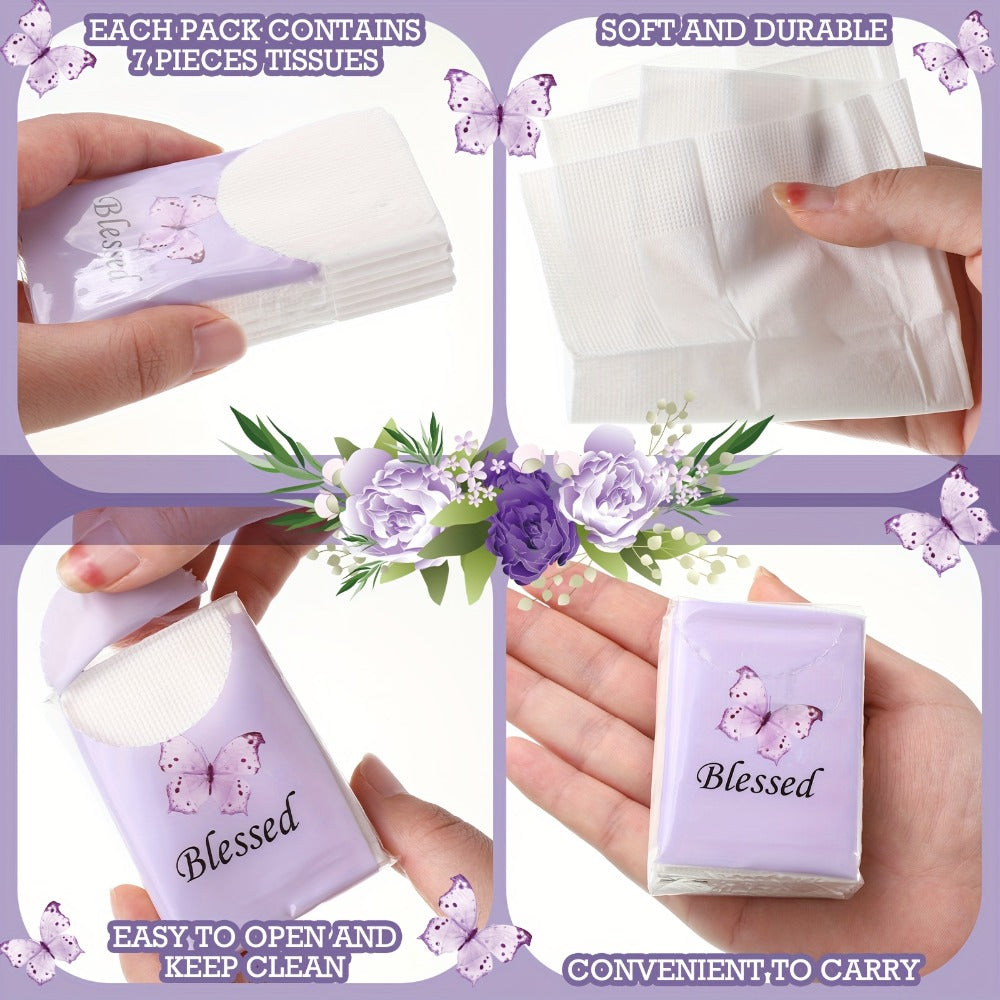 One-Hundred-Pack Purple Floral Pocket Tissue Set with Seven Three-Ply Sheets in Each Travel Pack