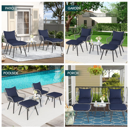 Five-Piece PE Rattan Patio Set with Two Chairs, Two Footstools, Round Glass Table and Gray-Blue Cushions