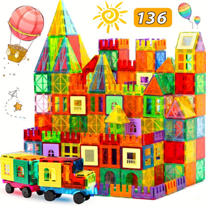 Magnetic Tiles Building Sets in 80, 106 or 136-Piece Options with Multicolor Translucent Shapes and Vehicle Bases