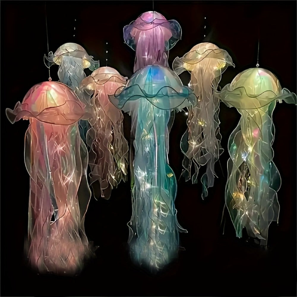 Five-Piece Illuminated Jellyfish Hanging Decoration Set with Translucent Crystal-Style Ribbons