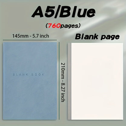 A5 Blank-Page Notebook with Seven Hundred Sixty Pages in Green, Blue, Pink or Black Covers