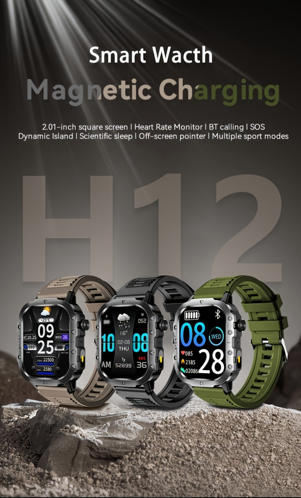 Smartwatch – Illumination Light K33 Khaki – Full Touch, 100+ Sport Modes, Wireless Calling, Music Playback, Remote Camera, Weather…