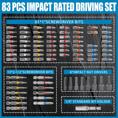 83-Piece YW080 Driver Drill Bit Set with S2-Labeled Bits, Nut Drivers, Holders and Storage Case