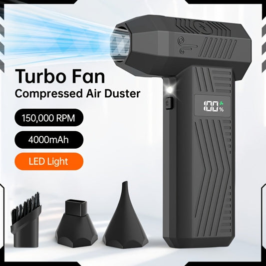 Electric Air Duster 150000RPM Rechargeable, Compressed Air Blower for Keyboard PC Cleaning, 4-Speed Brushless Motor, 4000mAh Battery, Cordless Turbo Fan for Car Home Office