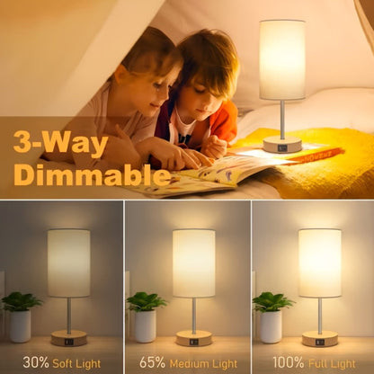 Table Lamp with Burlap Drum Shade, Wood Base, Three-Way Touch Dimming, USB-C Port and AC Outlet