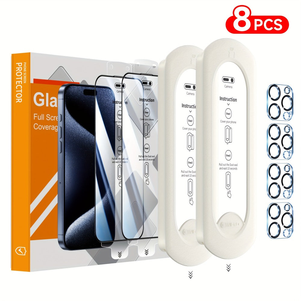 Screen Protector, 8-Piece iPhone Tempered Glass Set with Four Screen Films, Four Camera Lens Covers and Alignment Tools