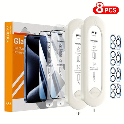 Screen Protector, 8-Piece iPhone Tempered Glass Set with Four Screen Films, Four Camera Lens Covers and Alignment Tools