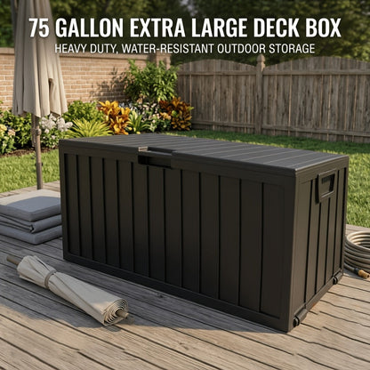 75-Gallon Outdoor Storage Box with Hinged Lid, Side Grips, Small Wheels and Three Color Options