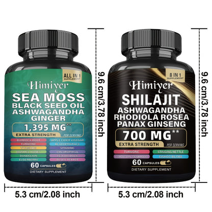 Sea Moss 7000mg & Shilajit Supplement Bundle, Black Seed Oil 4000mg, Ashwagandha 2000mg, Panax Ginseng 1500mg
