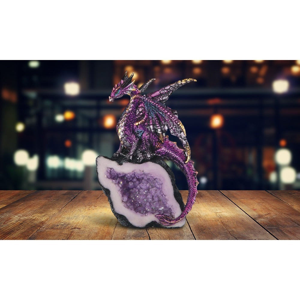 Purple Dragon and Crystal-Cave Figurine with 5.5-Inch Listed Height and Faceted Geode Base