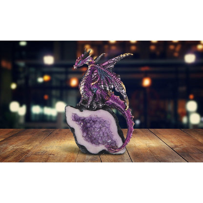 Purple Dragon and Crystal-Cave Figurine with 5.5-Inch Listed Height and Faceted Geode Base