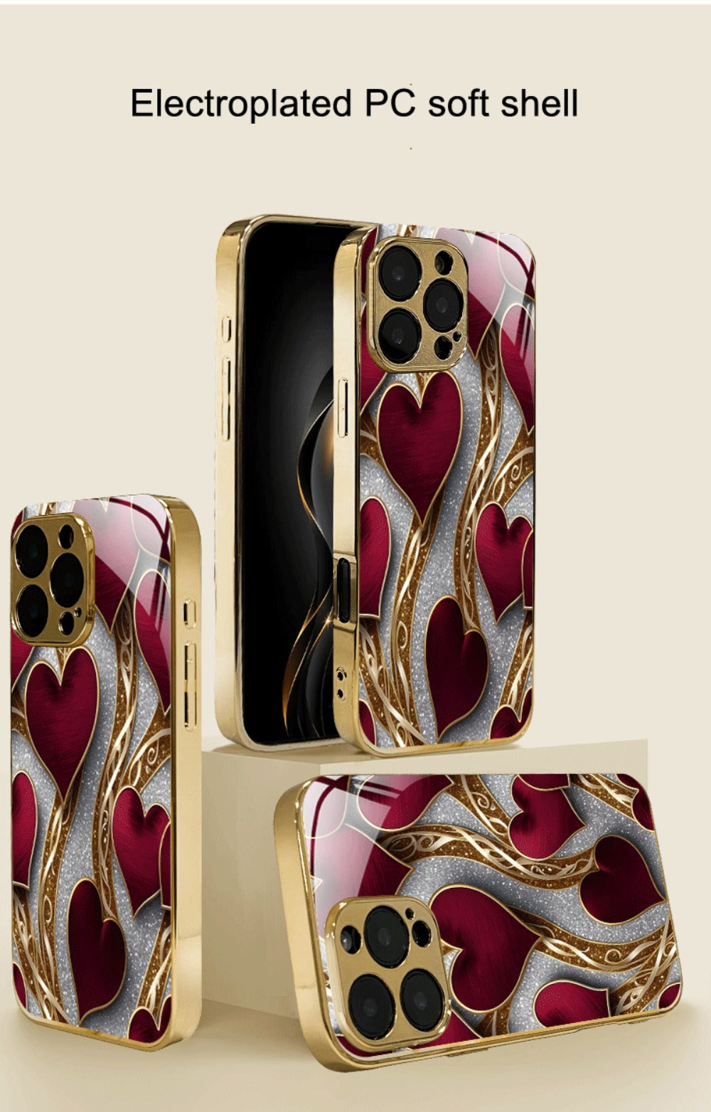 Phone Case Red and Gold Heart Pattern Slim Cover for Select iPhone and Samsung Galaxy Models