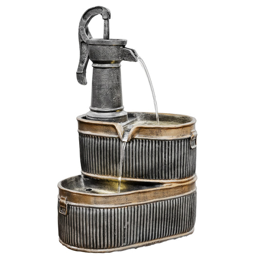 Outdoor Water Fountain 2-Tier Barrel with LED Light & Pump - Rustic Resin Garden Fountain for Patio, Yard & Deck Decor, Bronze Finish, Continuous Flow
