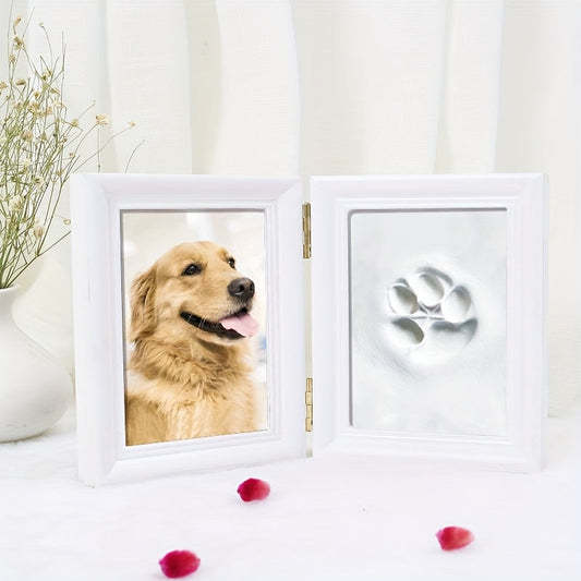 Pet Paw Print Frame Kit with Clay Impression – Wooden Photo Frame Keepsake for Dogs & Cats, Tabletop Memorial Gift, Home Decor Commemorative Set, White
