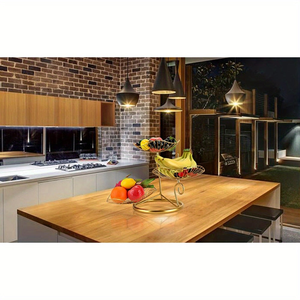 Three-Tier Golden Metal Wire Fruit Basket Stand with Lotus-Leaf Bowls, 46.5 cm Wide Countertop Design