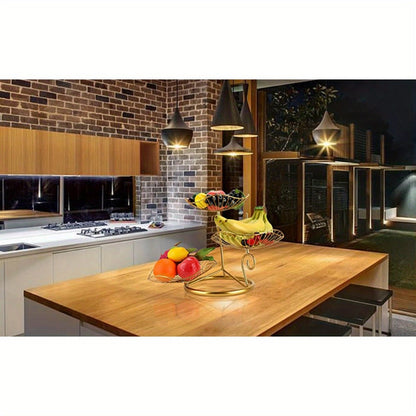 Three-Tier Golden Metal Wire Fruit Basket Stand with Lotus-Leaf Bowls, 46.5 cm Wide Countertop Design