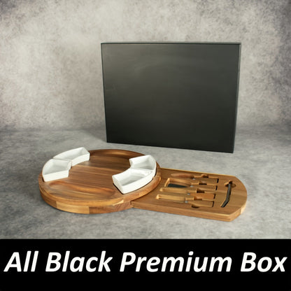 Round 13-Inch Wood-Look Charcuterie Board Set with Four White Bowls, Utensil Drawer and Serving Tools