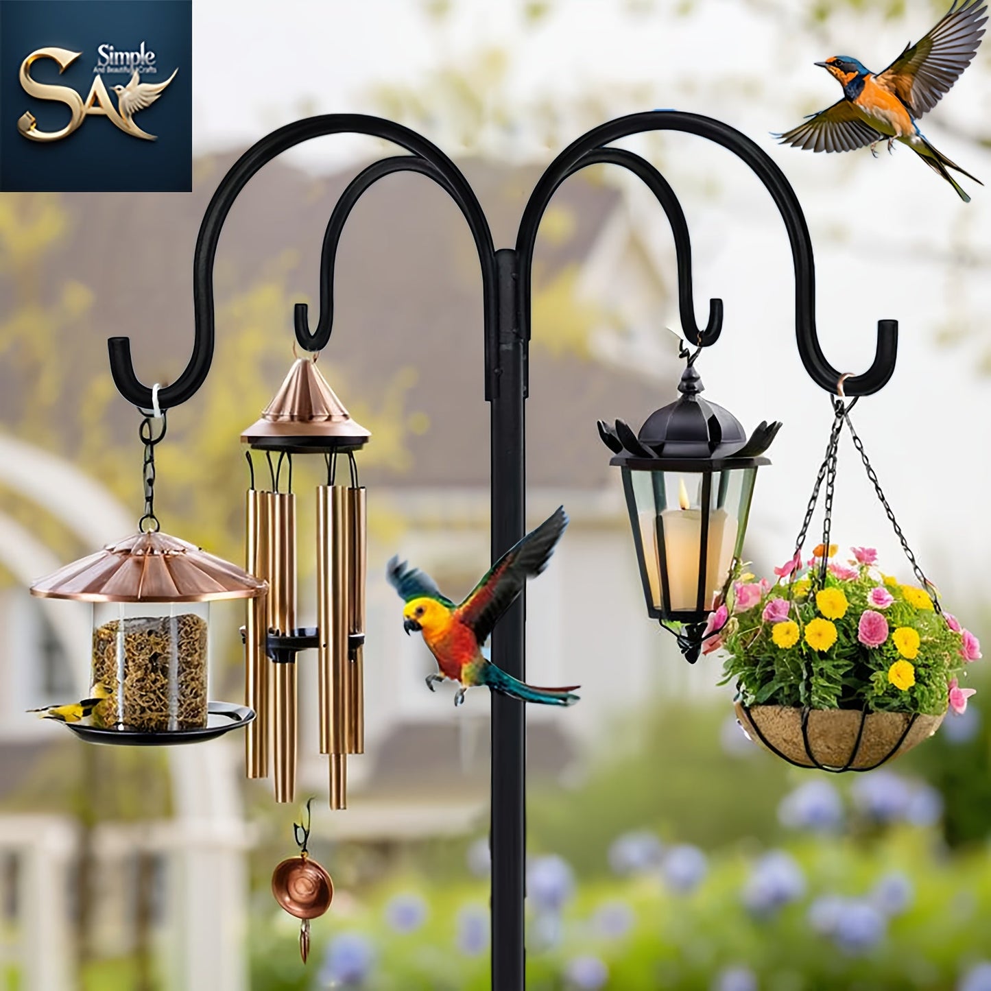 Garden Bird Station Options with 87.99-Inch Four-Hook Pole, Round Feeder or Leaf-Accent Bath