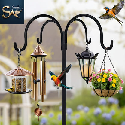 Garden Bird Station Options with 87.99-Inch Four-Hook Pole, Round Feeder or Leaf-Accent Bath