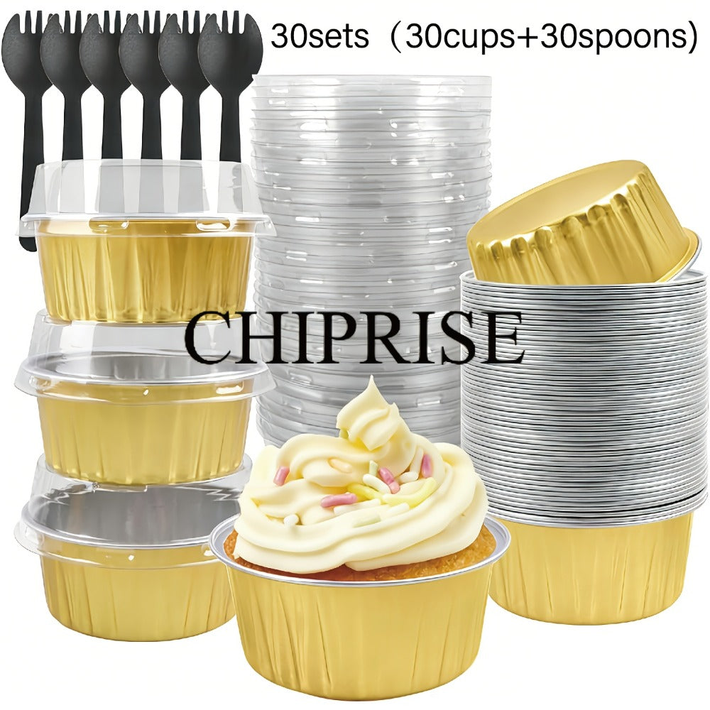 Aluminum Foil Baking Cups with Lids, Disposable Cupcake Molds with Spoons, Oven Safe Foil Dessert Cups for Pudding Muffins Mousse, Party Baking Supplies for Weddings Birthdays, 30 or 50 Sets