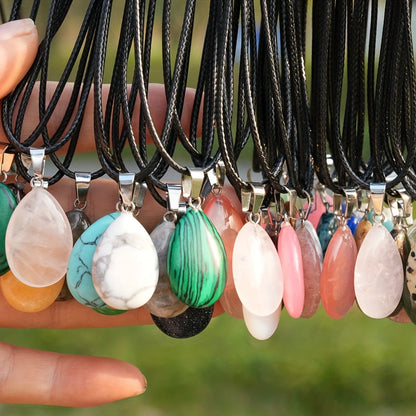 Forty-Piece Multicolor Teardrop Pendant Necklace Set with 20 Faux Crystal Charms and 20 Black Cords