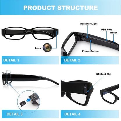 Camera Glasses 1080P HD Spy Hidden Wearable Video Recorder – TF Card 32GB/64GB, No Driver Plug & Play USB, Hands-Free POV Recording for Sports Outdoor Meeting Travel | Unique Tech Gift for Men
