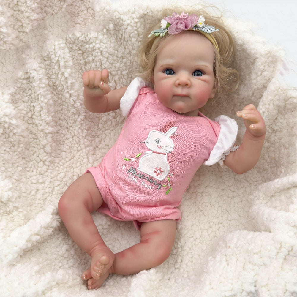 Reborn Baby Doll 16-Inch Cloth Body with Rooted Blonde Hair, Open Eyes, Pink Romper and Pacifier Set