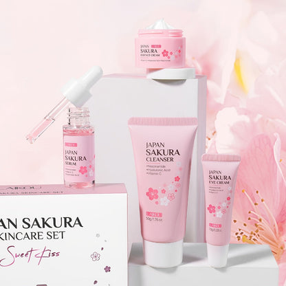 4-Piece Sakura Skincare Gift Set with Cleanser, Serum, Essence Cream and Eye Cream in Coordinated Pink Packaging
