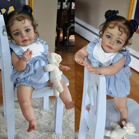 Reborn Baby Doll 48cm Soft Vinyl Toddler Design with Curly Dark Hair, Open Eyes and Blue Outfit