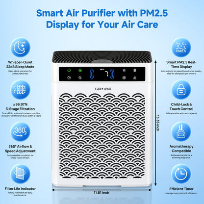 Air Purifier TDBYWAE with Three-Stage HEPA and Carbon Filters, 3000 Sq Ft Source Value, 22dB Mode and 19-Hour Timer