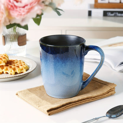 Six-Piece Blue Gradient Coffee Mug Set with Straight Handles and 14-Ounce Capacity Label Pictured