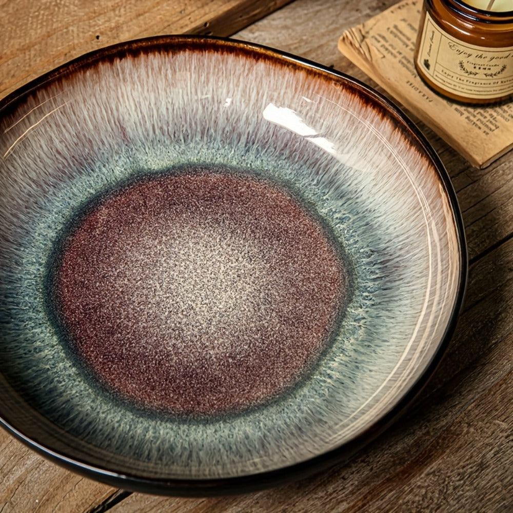 Irregular Deep Dish Ceramic Plate | Artisan Handcrafted Salad Soup Bowl Dish | Unique Edge Design | Dishwasher Safe Tableware for Family Dining