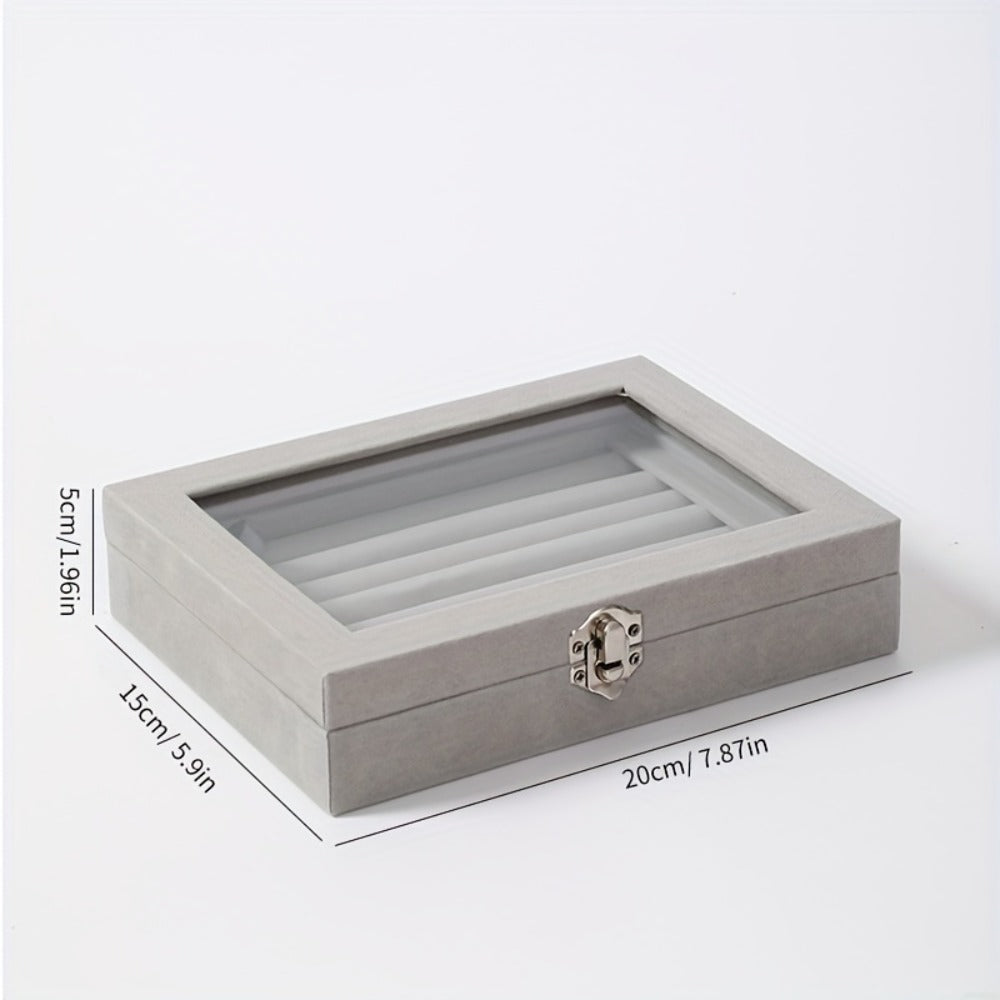 Jewelry Box with Locking Lid – 49-Ring Capacity Glass-Like Plastic Ring & Earring Organizer, Large Rectangular Storage Case, Waterproof Anti-Tarnish, 4 Colors, Holiday Gift