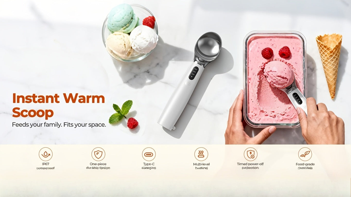 Electric Heated Ice Cream Scoop USB-C Rechargeable with 3 Temperature Settings 120°F 140°F 160°F IPX7 Waterproof Ergonomic Handle Gift for Ice Cream Lovers