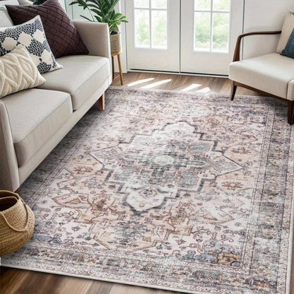 Area Rug Bohemian Retro Design in Beige or Grey with Six Foldable Machine-Washable Room Sizes
