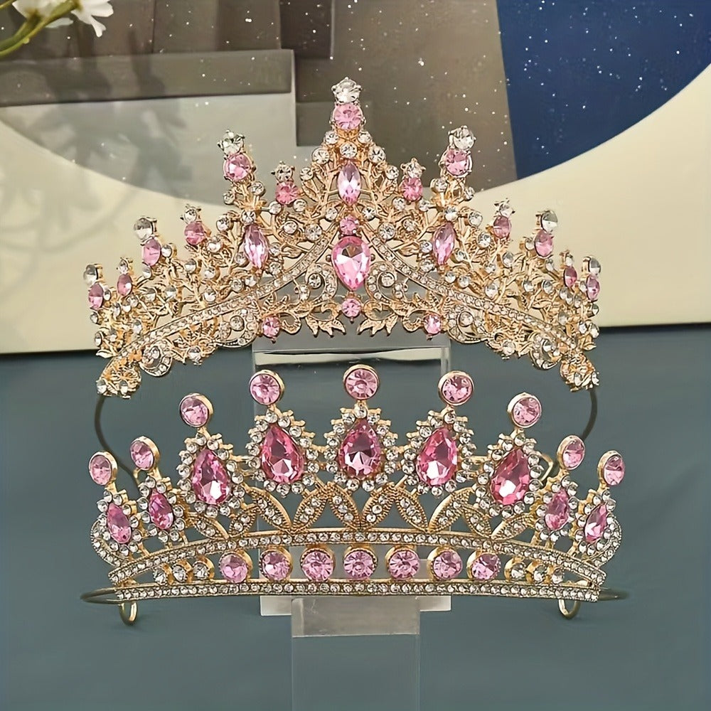 Pink Crystal-Look Crown and Tiara Two-Piece Costume Headwear Set with Hair Combs for Dress-Up
