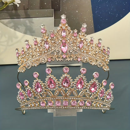 Pink Crystal-Look Crown and Tiara Two-Piece Costume Headwear Set with Hair Combs for Dress-Up