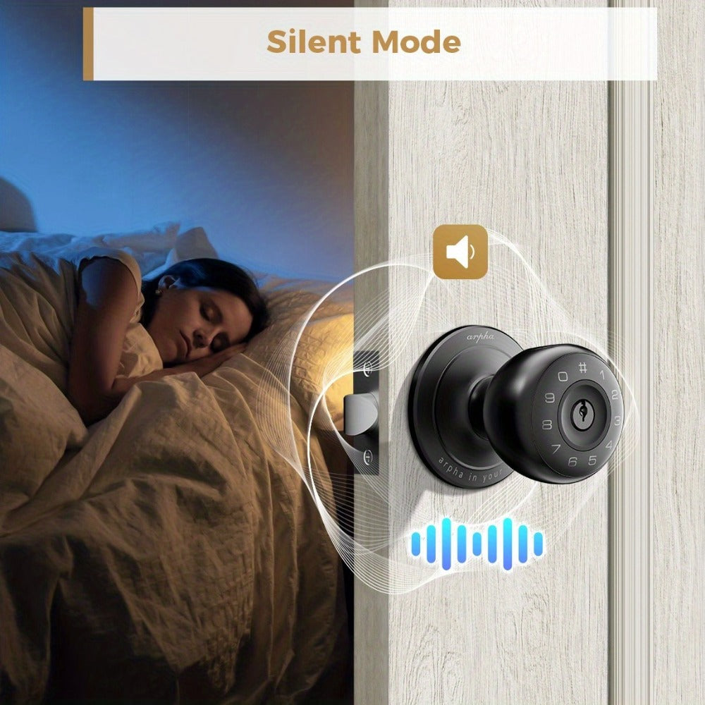Smart Door Lock Arpha Round Knob with Fingerprint Keypad App and Mechanical Key Access in Black