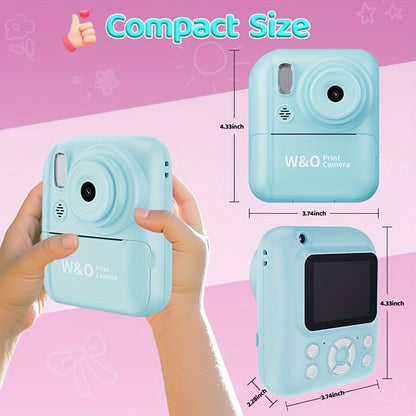 Kids Instant Print Digital Camera 1080P with 2.4" Screen, 3 Rolls Print Paper & 32GB Card – Cute Photo Camera Gift for Girls & Boys Ages 3-12, Pink / Blue