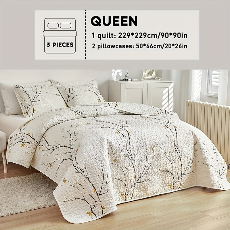 Reversible Botanical Microfiber Quilt Set with Pillow Shams, Five Patterns and Twin, Full/Queen or King Sizes